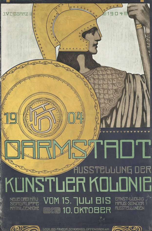 Plakat für ein 1904er Berlin-Konzert mit einem Helmträger, der ein Schild hält, und der Aufschrift «Darmstadt» und «Kuenstler Kolonie»