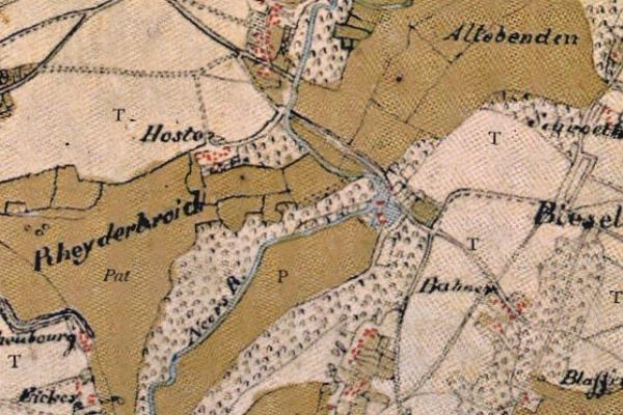 Detailiertes altes Stadtplan von Rheyderard mit Straßen, Gebäuden und Sehenswürdigkeiten mit Textangabe zum Standort der Stadt.