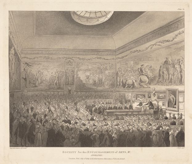 Gravur eines großen Raums mit stehenden und sitzenden Menschen, Rahmen an den Wänden und einer Decke, mit Text unten, der 'Gesellschaft zur Förderung der Künste' lautet.