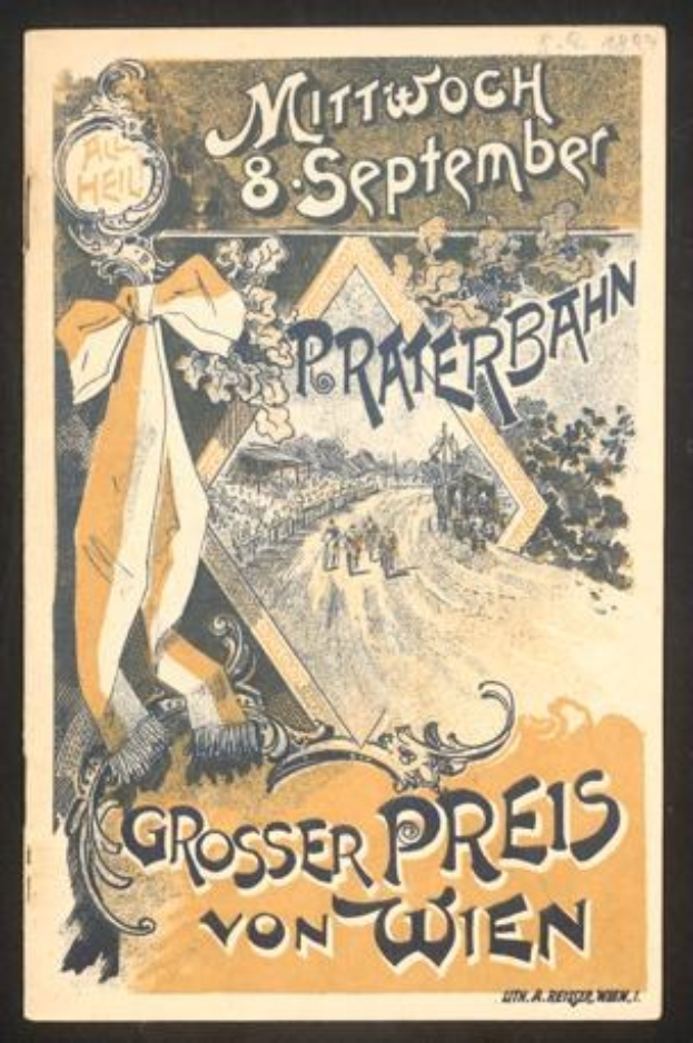 Ein Vintage-Konzertplakat mit einem zentralen menschlichen Gesicht und dem Text "Grosser Preis von Wien" auf einem schwarzen Hintergrund.