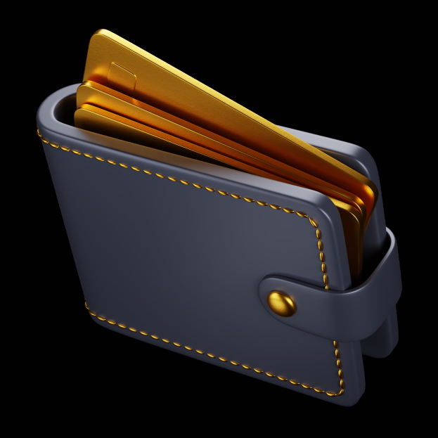 Blauer Geldbeutel mit mehreren goldenen Kreditkarten auf einem weißen Hintergrund.