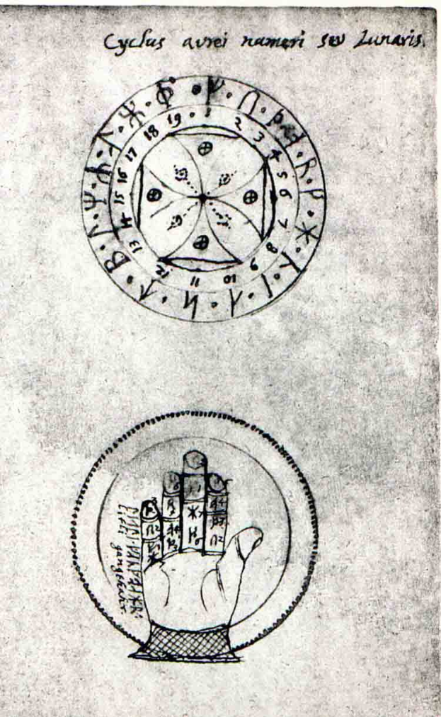 Eine Hand, die einen Kreis hält, möglicherweise als Repräsentant des Tierkreises, auf einer Buchseite mit begleitendem Text.