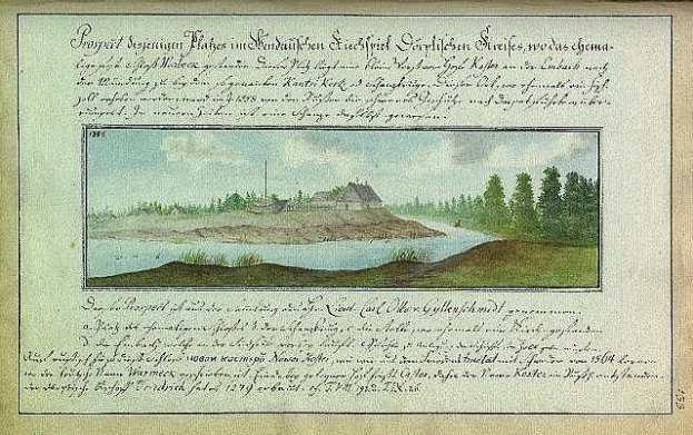 Ein abgenutztes Buch aus dem 18. Jahrhundert mit dem Titel "Deutsche Landschaften, Landschaft und Landschaft Deutschlands" mit einer Illustration eines Flusses, eines Hauses, Bäume, Gras und einer bewölkten Himmel.