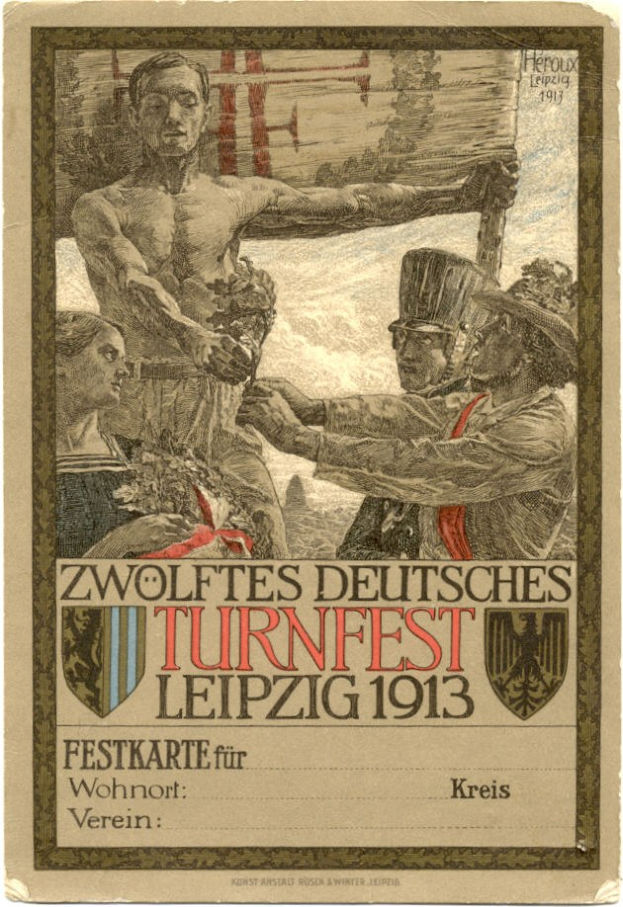 Plakat für das Zwölfte Deutsche Turnfest Leipzig 1913, das eine Gruppe von Menschen in der Mitte mit Text zu den Veranstaltungdetails zeigt.