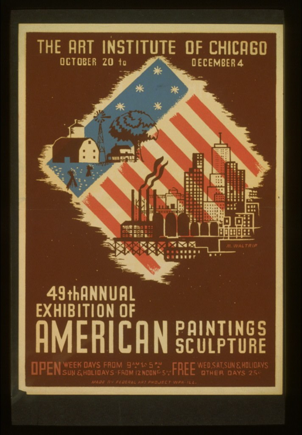 Plakat für die 49. Jahresausstellung amerikanischer Malerei und Skulptur des Art Institute of Chicago mit Text und begleitenden Bildern.