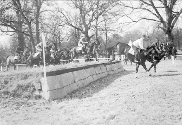 Schwarz-weiß-Foto von Menschen, die Pferde über eine grüne Wiese mit einer Wand und Stangen im Vordergrund reiten, Bäume und Himmel im Hintergrund und Text unten mit "Pferdespringen bei der National Horse Show in Washington, D.C. USA."