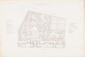 Ein altes Buch mit einer detaillierten Karte eines Parks auf dem Cover, das Bäume, Sträucher und andere Vegetation sowie Text über den Park und seine Umgebung zeigt.