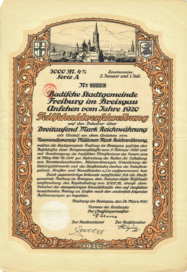 Alter deutscher Aktienchein mit einer Stadtansicht-Illustration und gedrucktem Text.