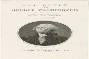 Porträt von George Washington auf Papier mit Text, der nach vorne zeigt, mit ernstem Gesichtsausdruck, in Anzug und Krawatte, deutliches Kinn und Nase sichtbar.