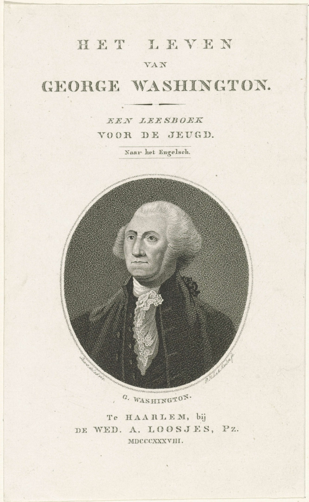 Porträt von George Washington auf Papier mit Text, der nach vorne zeigt, mit ernstem Gesichtsausdruck, in Anzug und Krawatte, deutliches Kinn und Nase sichtbar.