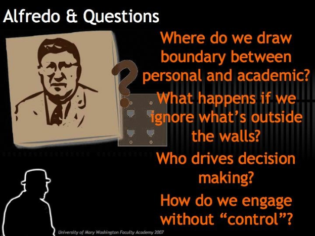 Plakat mit Alfredos Bild und Fragen zu persönlichen und akademischen Grenzen, externen Einflüssen, Entscheidungsfindung und Engagement ohne Kontrolle.