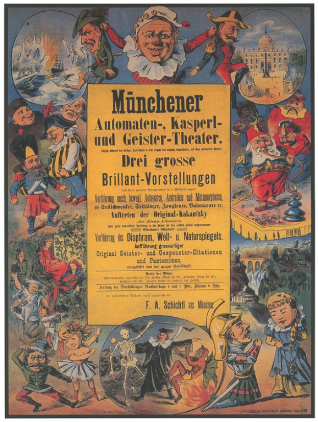 Alter deutscher Filmplakat für das Munchener Automaten-Kasperl- und Geister-Theater mit einer Gruppe von Menschen in bunten Kostümen umgeben von Text.