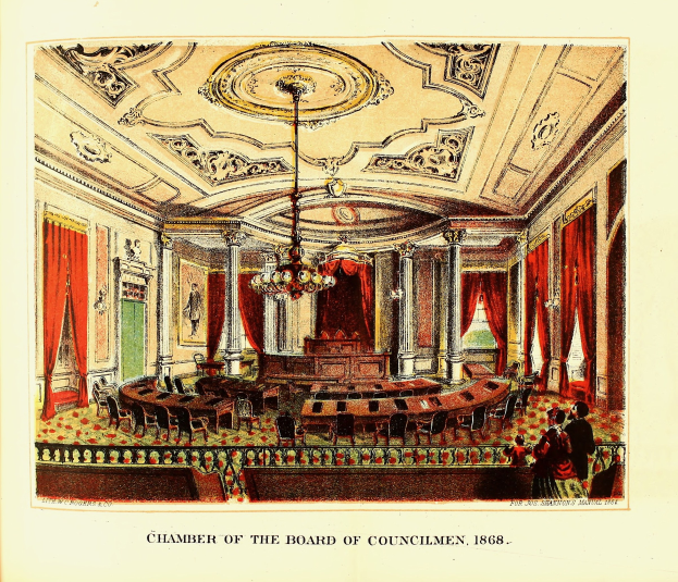Eine Zeichnung des Sitzungssaals des Rates der Bürgermeister in 1868, die einen Raum mit Stühlen, Tischen, Vorhängen, Säulen, einem Kronleuchter und einer Decke zeigt, mit einigen anwesenden Personen und Text auf einem Blatt Papier.