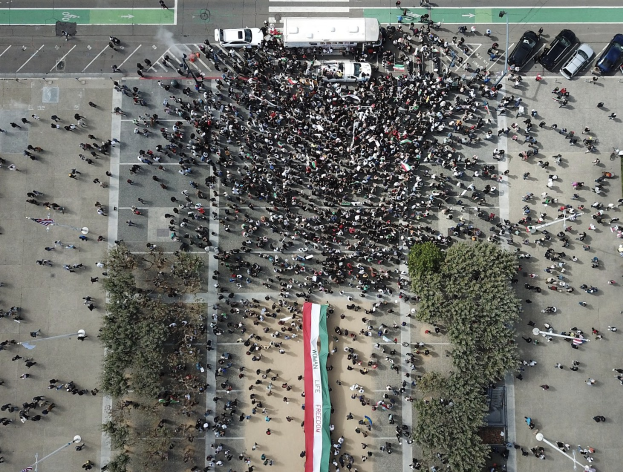 Eine Luftaufnahme einer gro├čen Gruppe von Menschen auf einem Parkplatz, umgeben von B├Ąumen, Fahrzeugen, Masten und einer Flagge, die Flaggen schwenken und scheinbar an einer Demonstration teilnehmen.