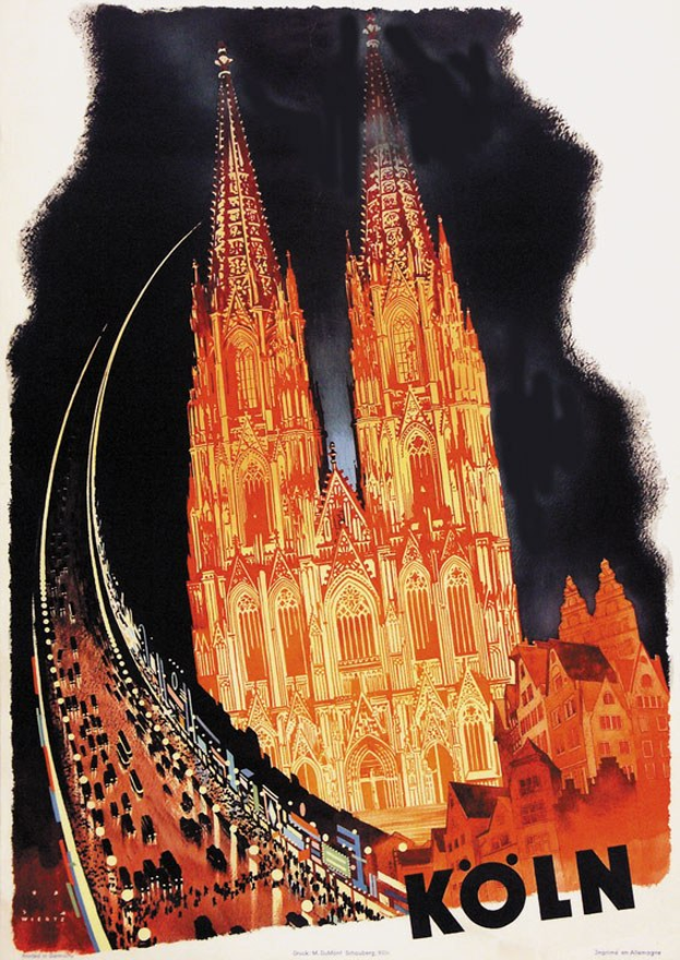 Detailreiche Abbildung der Kölner Domtürme und Architektur auf einem Bahnhofwerbeplakat in Köln, Deutschland, mit begleitendem Text.
