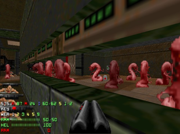 Ein Screenshot aus dem Videospiel Doom II, der mehrere animierte Zombies in einem Raum, eine Waffe unten und Spielstatistiken und Text links zeigt.