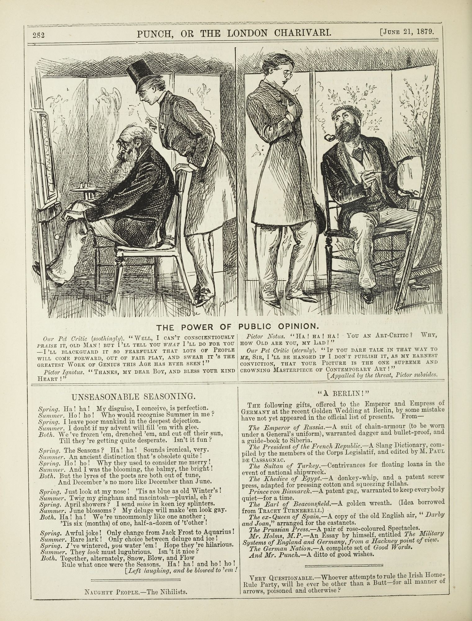Ein altes Buch mit einer Zeichnung eines Mannes in einem Anzug, der in einem Stuhl sitzt und eine Frau neben ihm steht, der Text auf der Seite lautet "Die Macht der öffentlichen Meinung".