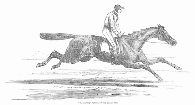 Eine Schwarz-Weiß-Zeichnung eines Jockeys in Hut und langem Mantel auf einem galoppierenden Pferd, mit "Sieger des Derby 1886" unten.