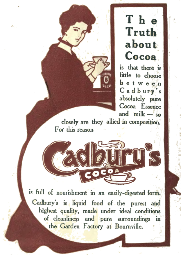 Werbung für Cadbury's Cocoa mit einer Frau, die eine Tasse Cocoa hält