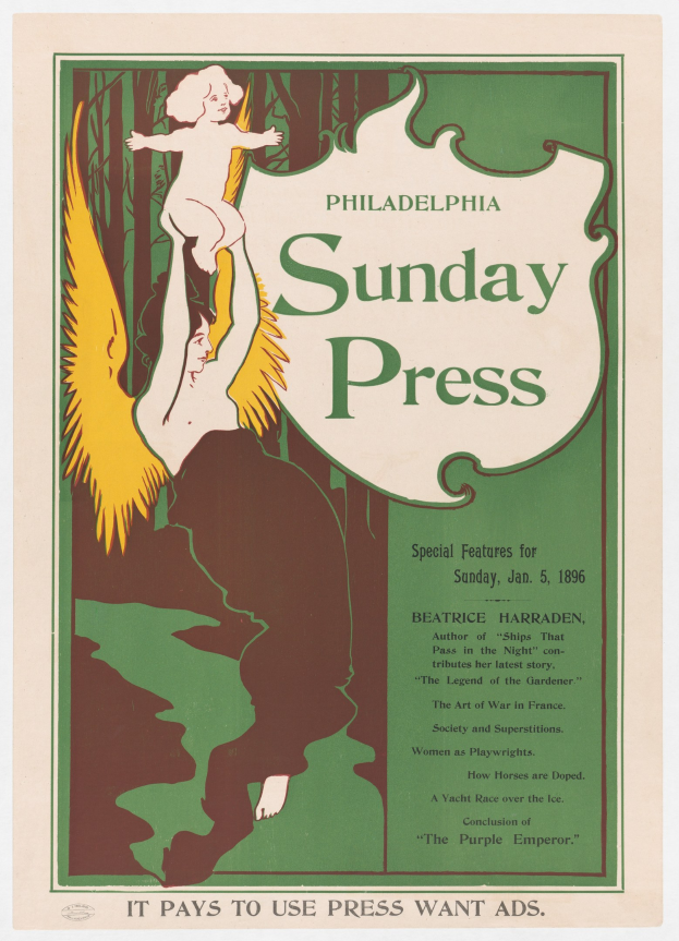 Plakat für die Philadelphia Sunday Press mit einer zentralen Figur und Text.