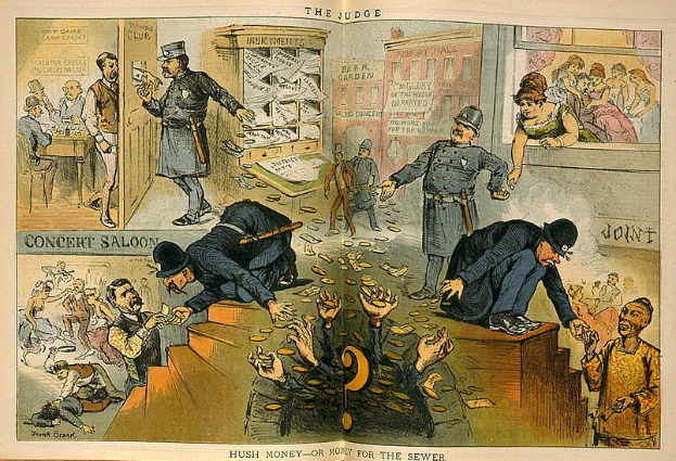 Cartoon eines Richters in einem Gerichtssaal mit einer Gehörte und einem Buch, umgeben von Menschen mit verstreuten Papieren, auf denen 'Schweigegeld oder Geld für die Kloake' steht.