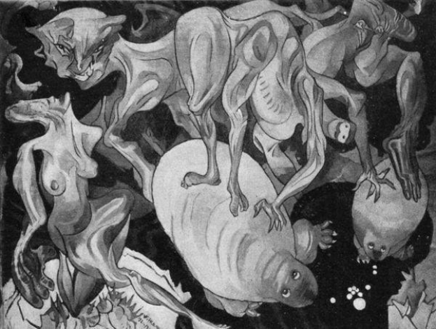 Schwarzes und weißes Bild aus dem Jahr 1938 von KÜNSTLER, das eine Gruppe von Tieren zeigt, darunter einen Löwen, eine Giraffe, ein Zebra und ein Flusspferd in einem dunklen, mysteriösen Raum.