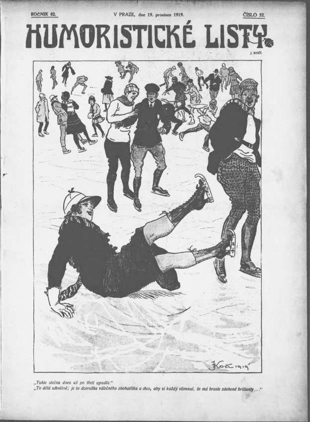 Schwarzer und weißer Cartoon von Menschen auf einer Eisbahn mit "Humoristischer Liste" darüber, unter einem hellblauen Himmel mit Bäumen im Hintergrund.