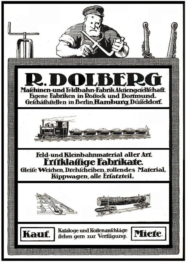 Anzeigetafel für die Fabrik von R.D. Dolberg in Hamburg, Deutschland, mit Text und Bildern einer Person, eines Zugs und anderer Gegenstände.
