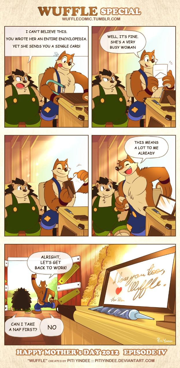 Ein Plakat mit einer Comic-Strip-Illustration, die einen Mann in einem blauen Hemd und eine strahlende Frau zeigt, mit der Aufschrift "Frohen Muttertag" auf einem hellgelben Hintergrund.