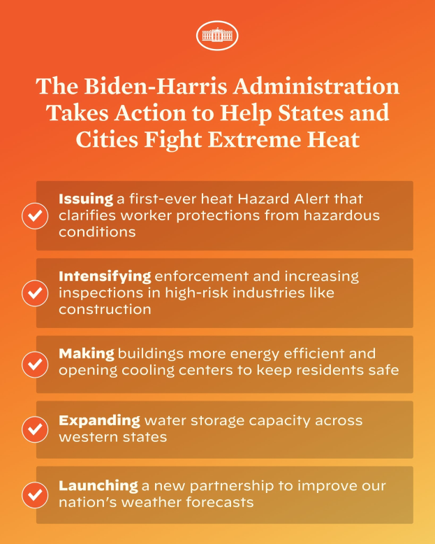 Plakat mit der Überschrift "Die Biden-Harris-Verwaltung setzt sich dafür ein, dass Bundesstaaten und Städte gegen extreme Hitze kämpfen" mit einem roten und weißen Schild-Design, das einen Blitz zeigt, eingerahmt von einem gelben Rand auf einem weißen Hintergrund.