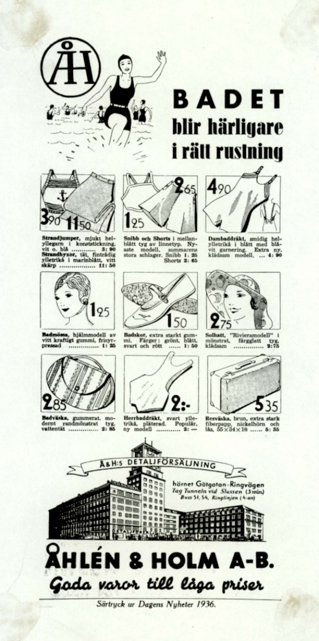 Frau in weißem Bikini mit blauen und weißen Streifen, mit Pferdeschwanz, in der Mitte einer Werbung umgeben von Bildern von Menschen, Gebäuden und fetter Schrift.