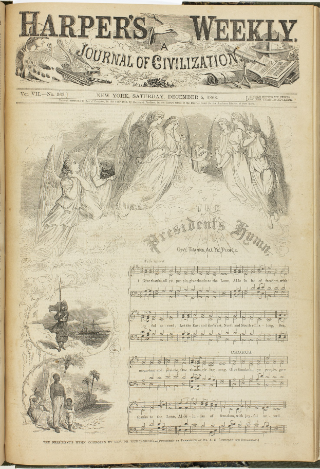 Offenes Buch mit dem Titel "Harper's Weekly Journal of Civilization", das eine Zeichnung einer vielseitigen Gruppe von Menschen enthält, begleitet von verschiedenen Texten und Bildern.