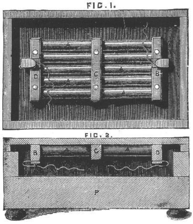 Schwarze und weiße Linienzeichnung einer elektrolytischen Maschine mit zylindrischem Körper, oberem Griff und mehreren angebrachten Metalldrähten.
