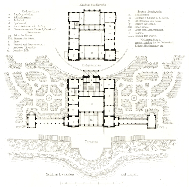 Schwarz-weißer architektonischer Grundrissplan von Schloss Düsseldorf mit detaillierten Raumlayouts und begleitenden handschriftlichen Textannotationen.