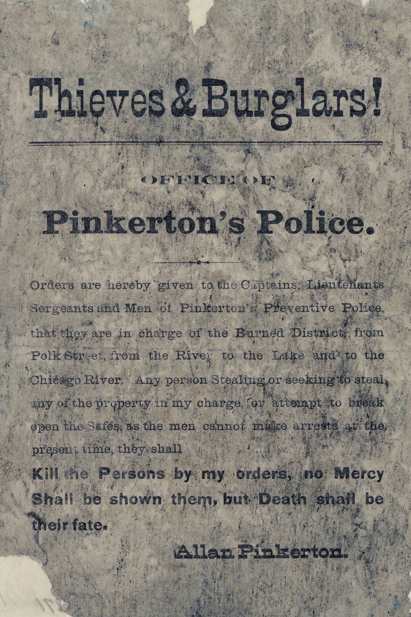 Plakat mit fetter schwarzer Schrift "Diebe & Einbrecher Pinkertons Polizei" auf weißem Hintergrund, eingerahmt von einem dünnen schwarzen Rand.