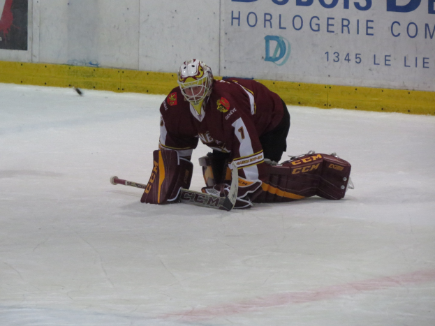 Ein Hockey-Spieler in rot-gelber Uniform, der Schutzausrüstung trägt, hält einen Schuss auf dem Eis mit einer Wand und Text im Hintergrund.