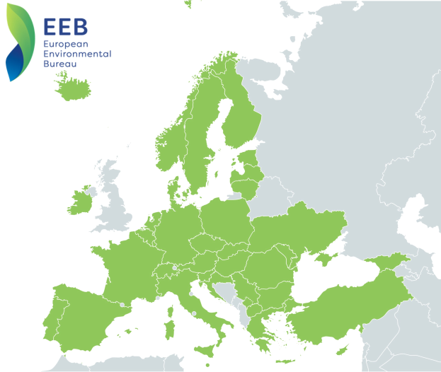 Eine Europa-Karte mit dem Logo des Europäischen Umweltbüros (EEB) oben links, unterschiedlich grün schattiert, um die EU-Regionen anzuzeigen.
