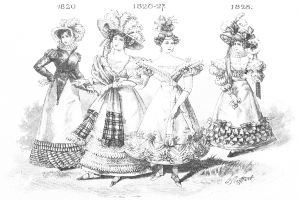 Eine Gruppe von Frauen in viktorianischen Kleidern und Hüten, die verschiedene Stile und detailreiche Muster zeigen, steht zusammen mit Text und Zahlen oben und unten auf dem Bild.