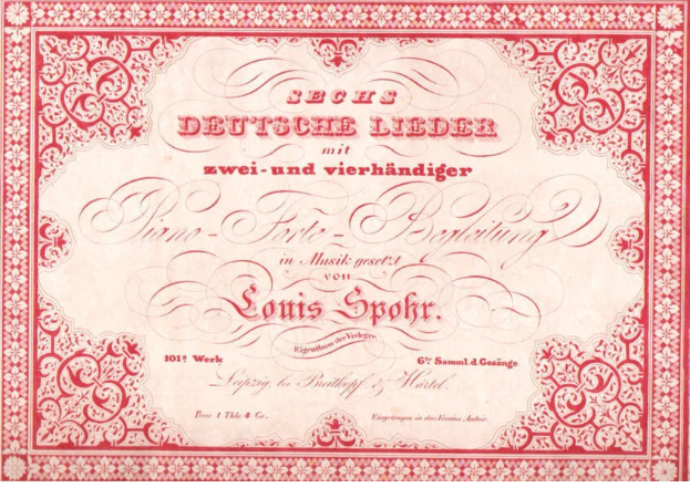 Altes deutsches Aktienzertifikat mit der Aufschrift "Louis Spohr - Zweites Deutsches Lieder" mit rotem Rand und weißem Hintergrund.