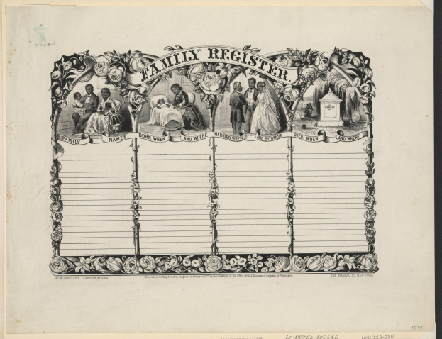 Schwarz-weißer Familienstammbaum mit Gruppenfoto in der Mitte und handgeschriebenem Text über die Familienmitglieder.