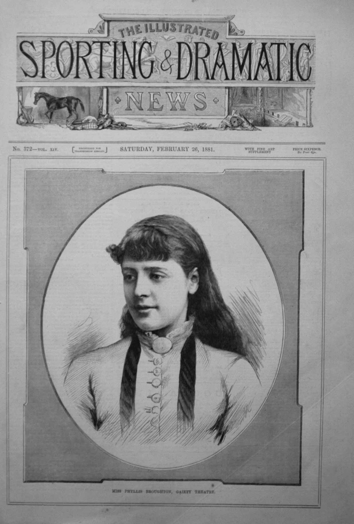Alte Zeitung mit der Überschrift "The Illustrated Sporting and Dramatic News" und einer Zeichnung einer Frau in einem weißen Kleid mit einem gemusterten Schal