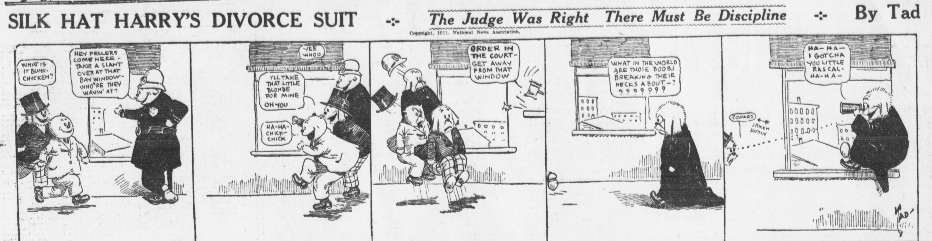 Cartoon-Illustration eines Mannes in einem schwarzen Anzug und weißem Hemd mit schwarzer Krawatte und einer Frau in einem eleganten Kleid mit einem schwarzen Schal, beide mit ernsten Gesichtern, beschriftet mit "Scheidungsklage."