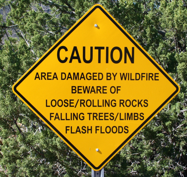 Gelbes Warnschild an einem Pfahl im Vordergrund mit Bäumen im Hintergrund, auf dem steht: "Vorsicht: Gebiet durch Waldbrand beschädigt - Achten Sie auf lockere rollende Steine, umstürzende Bäume, Äste, Flash Floods."