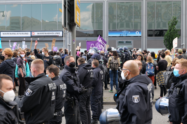Große Gruppe von Menschen protestiert vor einem Gebäude, einige halten Schilder und tragen Helme, mit einem Pfahl und Schild im Vordergrund und einem Baum im Hintergrund.