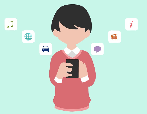 Animierter Mensch, der ein Smartphone hält, mit App-Icons, die die Nutzung von Online-Shopping-Apps symbolisieren.