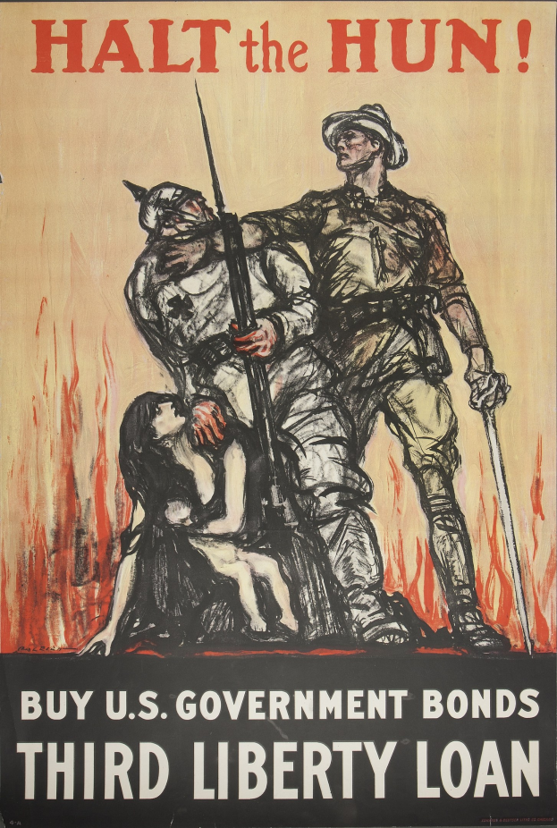 Plakat mit fettem schwarzem Text "Halt den Hun - Kaufen Sie US-Regierungsanleihen Drittes Freiheitsdarlehen" auf einem hellgelben Hintergrund, das einen uniformierten Mann mit Gewehr und Flagge zeigt, eingerahmt von rot, weiß und blauen Rändern.