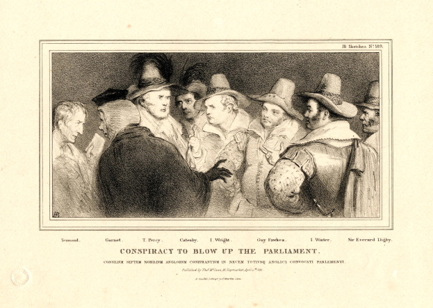 Eine Gruppe von Menschen in Hüten, einige schauen überrascht nach oben und andere verwirrt nach unten, mit einem zentralen Blatt, das "Verschwörung, das Parlament in die Luft zu jagen" enthält, vor einem dunklen Hintergrund.