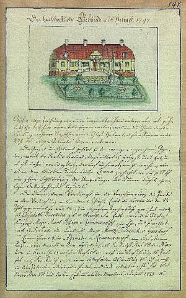 Ein verblichenes Dokument aus dem Jahr 1797 mit einer detaillierten Zeichnung eines weißen Hauses mit rotem Dach, unterzeichnet von der Schleswig-Holstein-Schule Delmar, Deutschland, und wahrscheinlich die Geschichte der Schule beschreibenden Text.