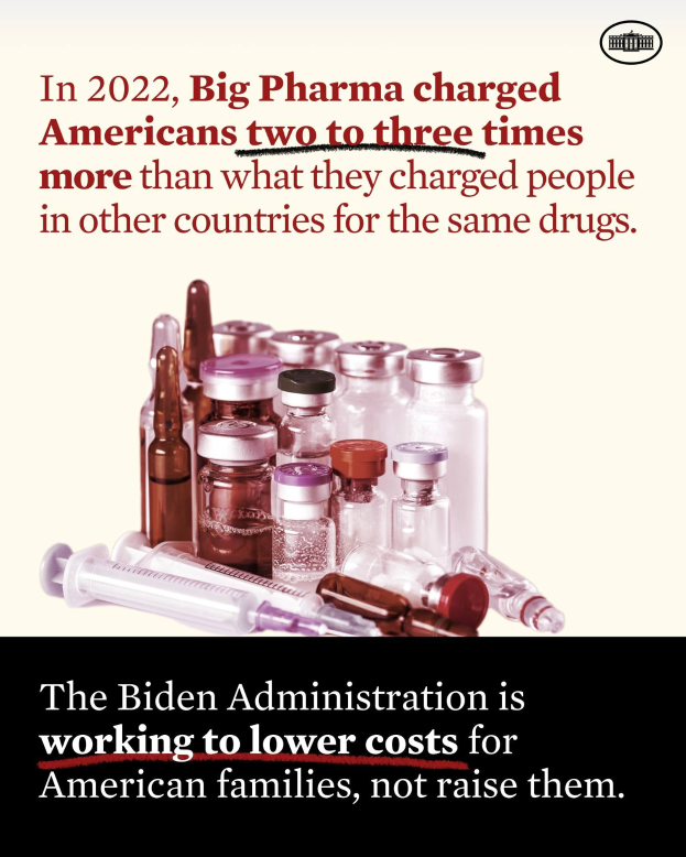 Ein Plakat mit der Aufschrift "Big Pharma hat Amerikaner 2022 zwei bis drei Mal so viel für dieselben Medikamente berechnet wie in anderen Ländern" mit Bildern von Medikamentenflaschen und einer Spritze darunter.