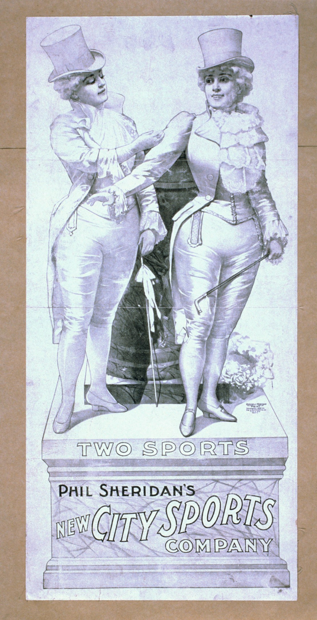 Plakat für die neue Stadt-Sportfirma von Phil Sheridan mit zwei Personen nebeneinander und Werbetext.